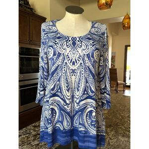 Chico's Blue and White Paisley Tunic Blouse L Chico's Size 2 NWOT